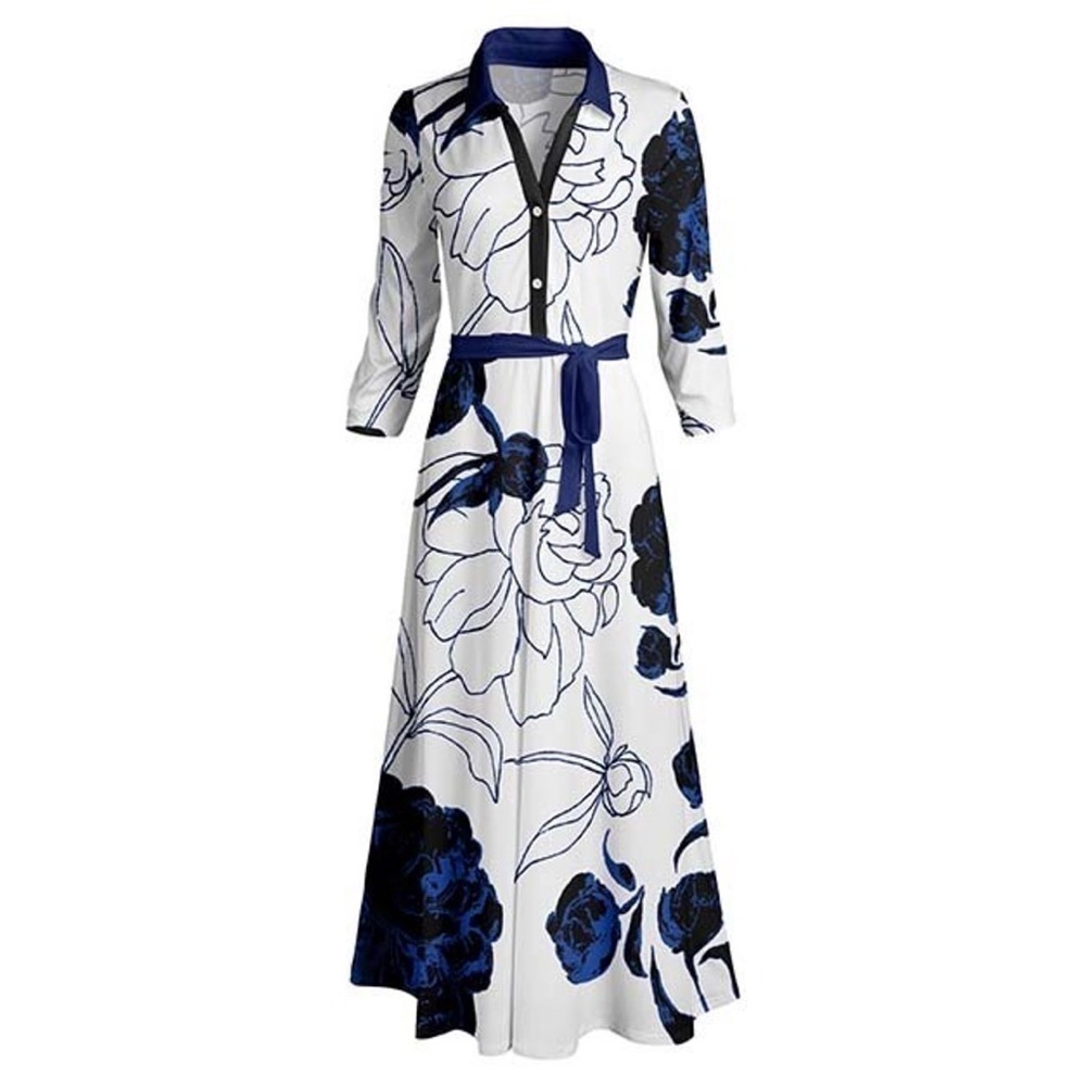 Lily 24W Blue & Black Floral Belted Shirt Dress BD08.30